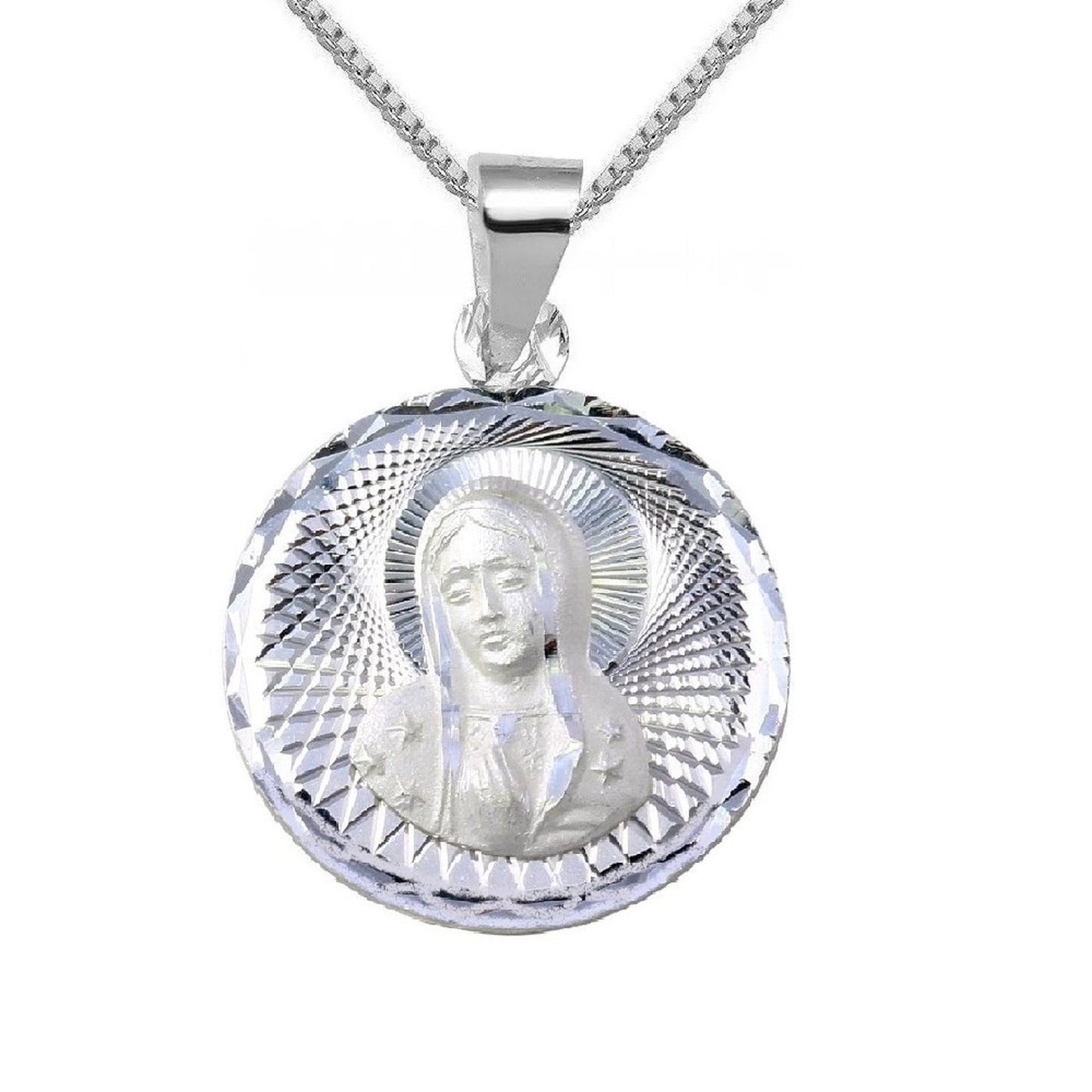 925 Sterling Silver Necklace w/ Our Lady of Guadalupe Round-Shaped Pendant Charm