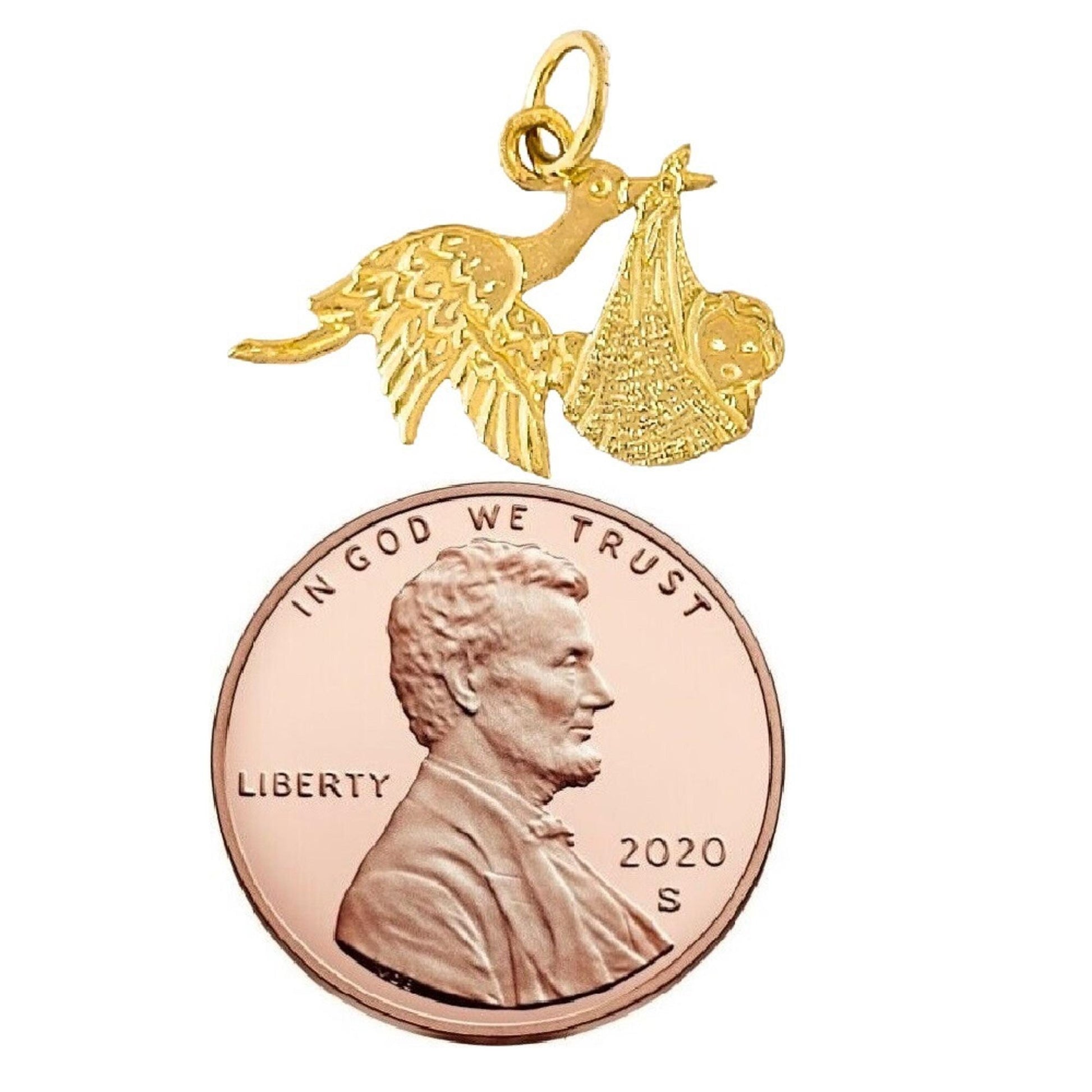 14k Yellow Gold Stork Bird with Newborn Baby Pendant