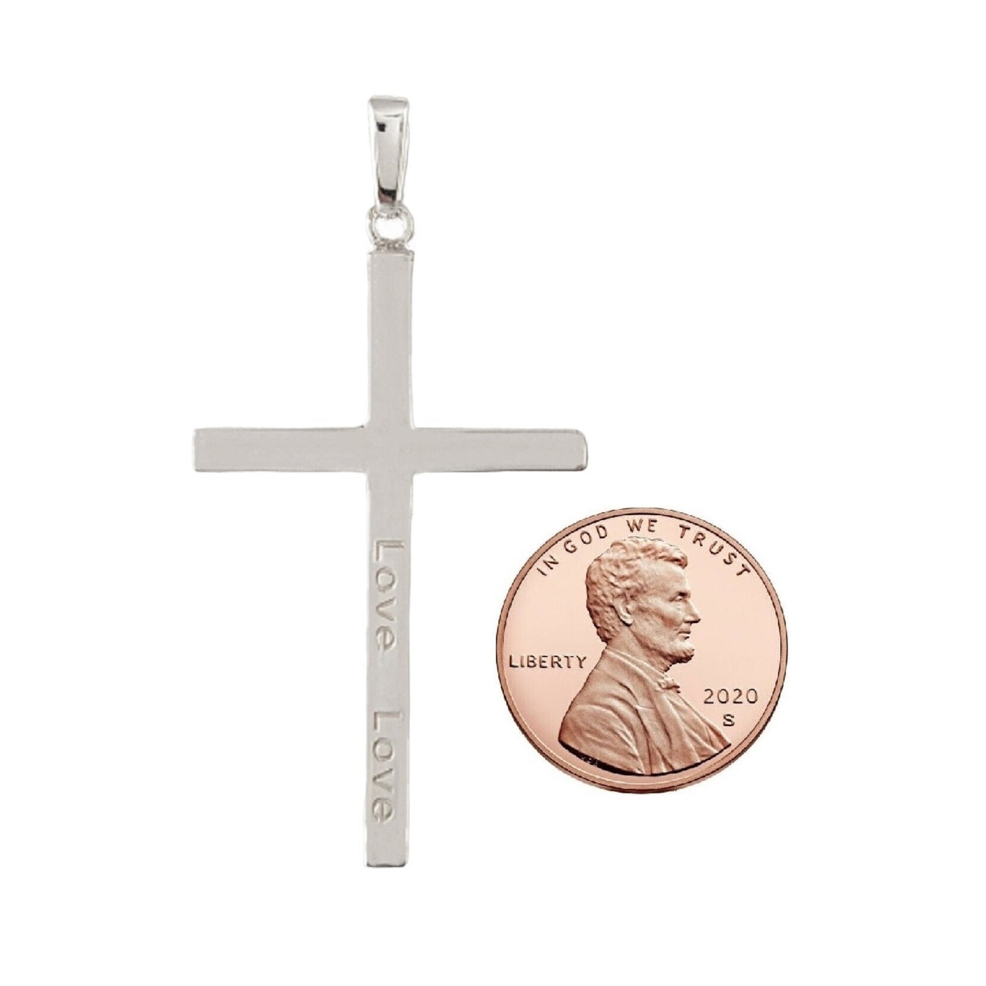 925 Sterling Silver Engraved "Love Love" Solid Cross Pendant