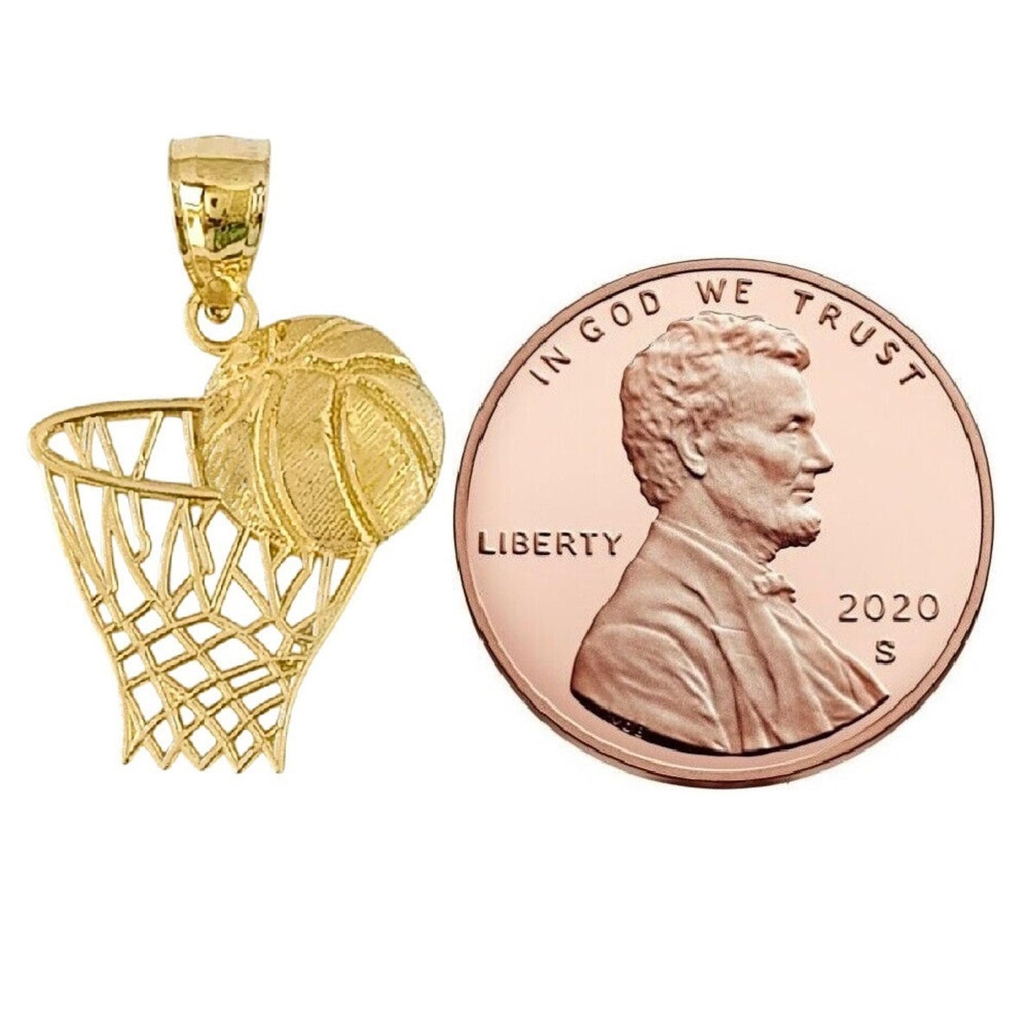 14K Yellow Gold Basketball Basket, Hoop with Ball Pendant