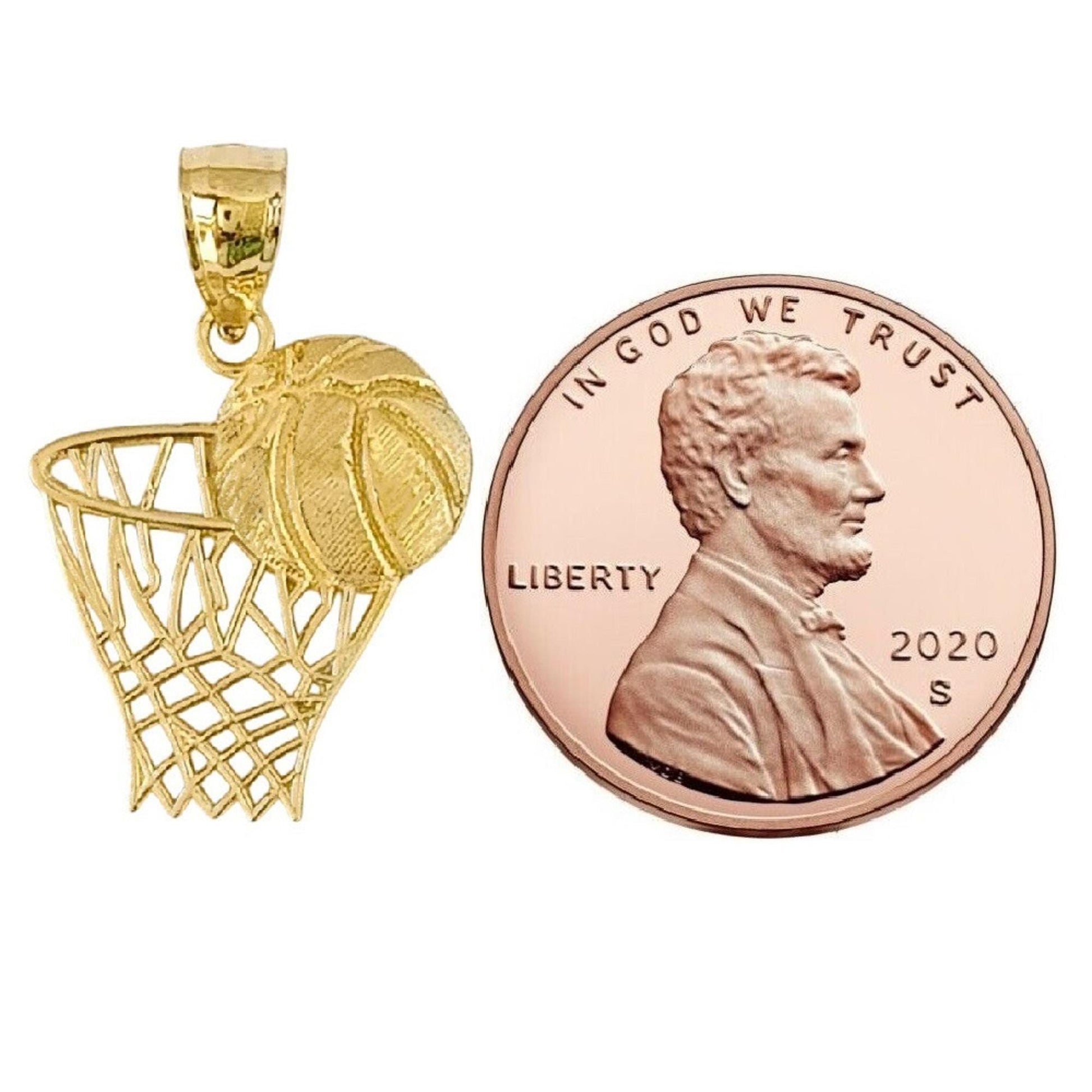 14K Yellow Gold Basketball Basket, Hoop with Ball Pendant