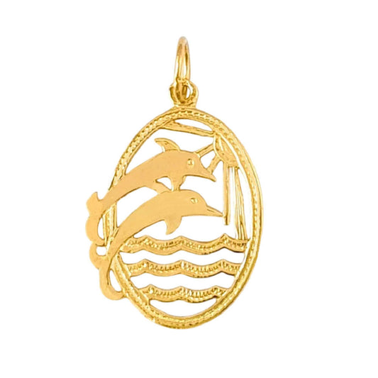 14K Yellow Gold Dolphins Sunset Pendant