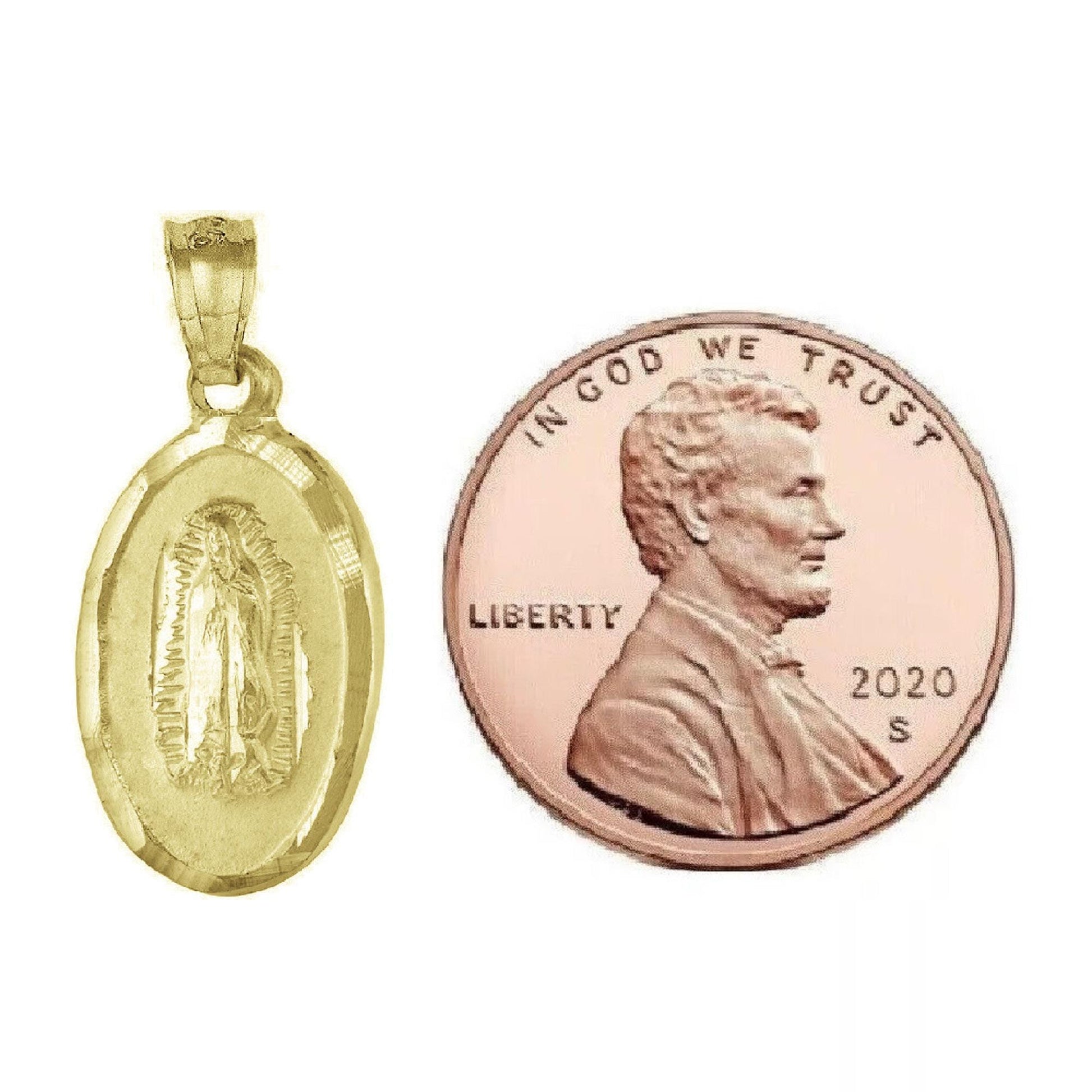 925 Sterling Silver Yellow Gold Plated 1mm Cable Chain Necklace w/ Guadalupe & Sacred Heart of Jesus 2-sided Pendant Charm