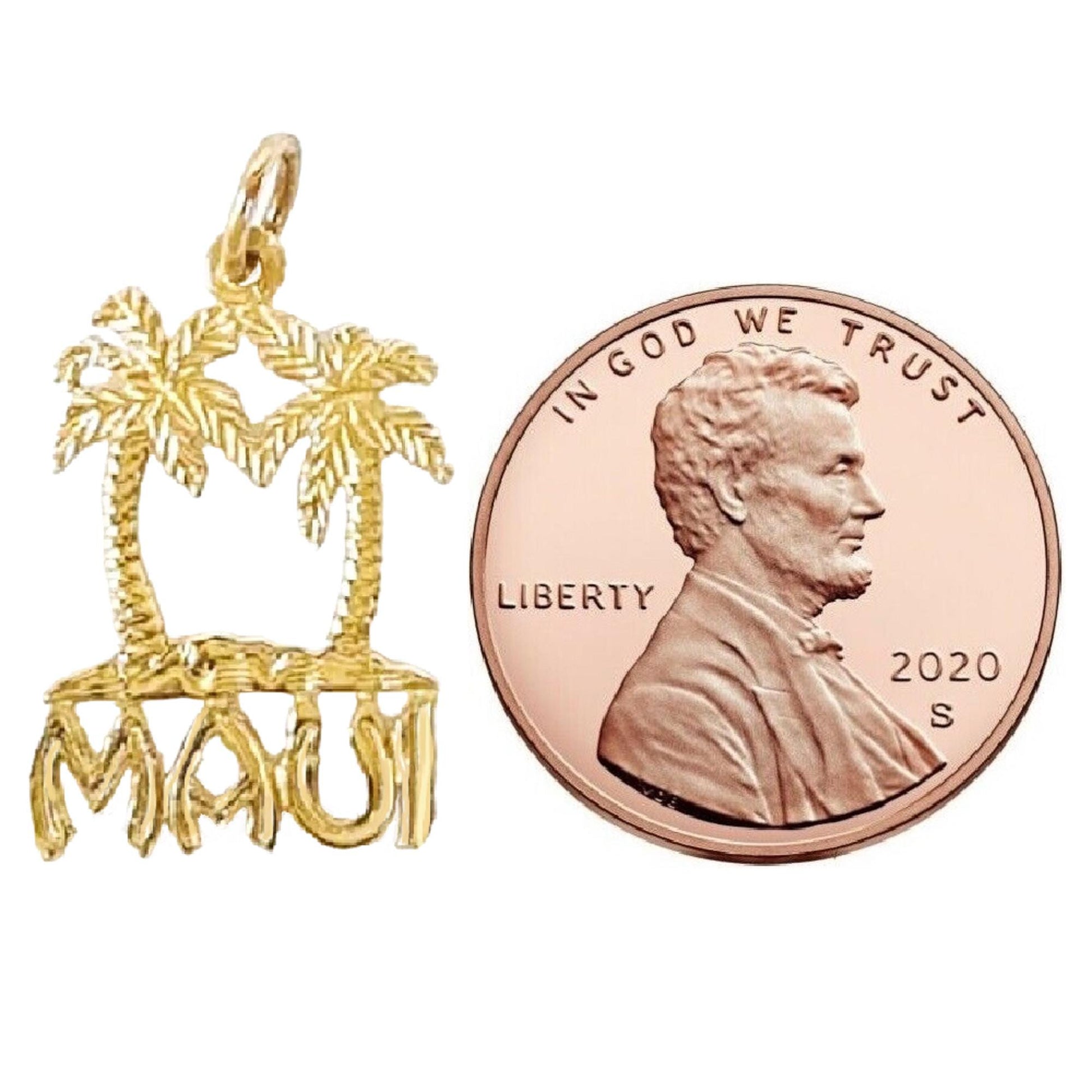 14K Yellow Gold Maui Hawaii Island Palm Tree Pendant