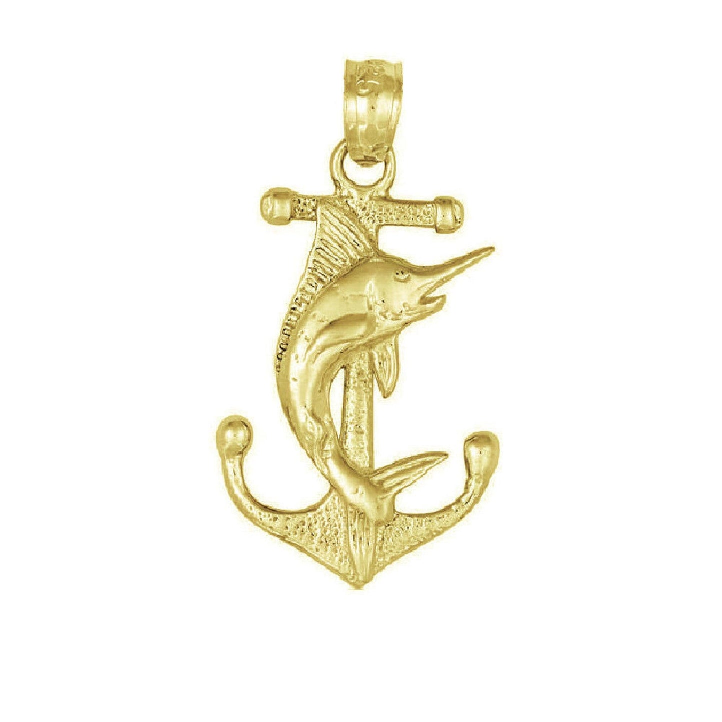 925 Sterling Silver Yellow Gold Plated 1mm Cable Chain Necklace w/ Anchor with Marlin Pendant Charm