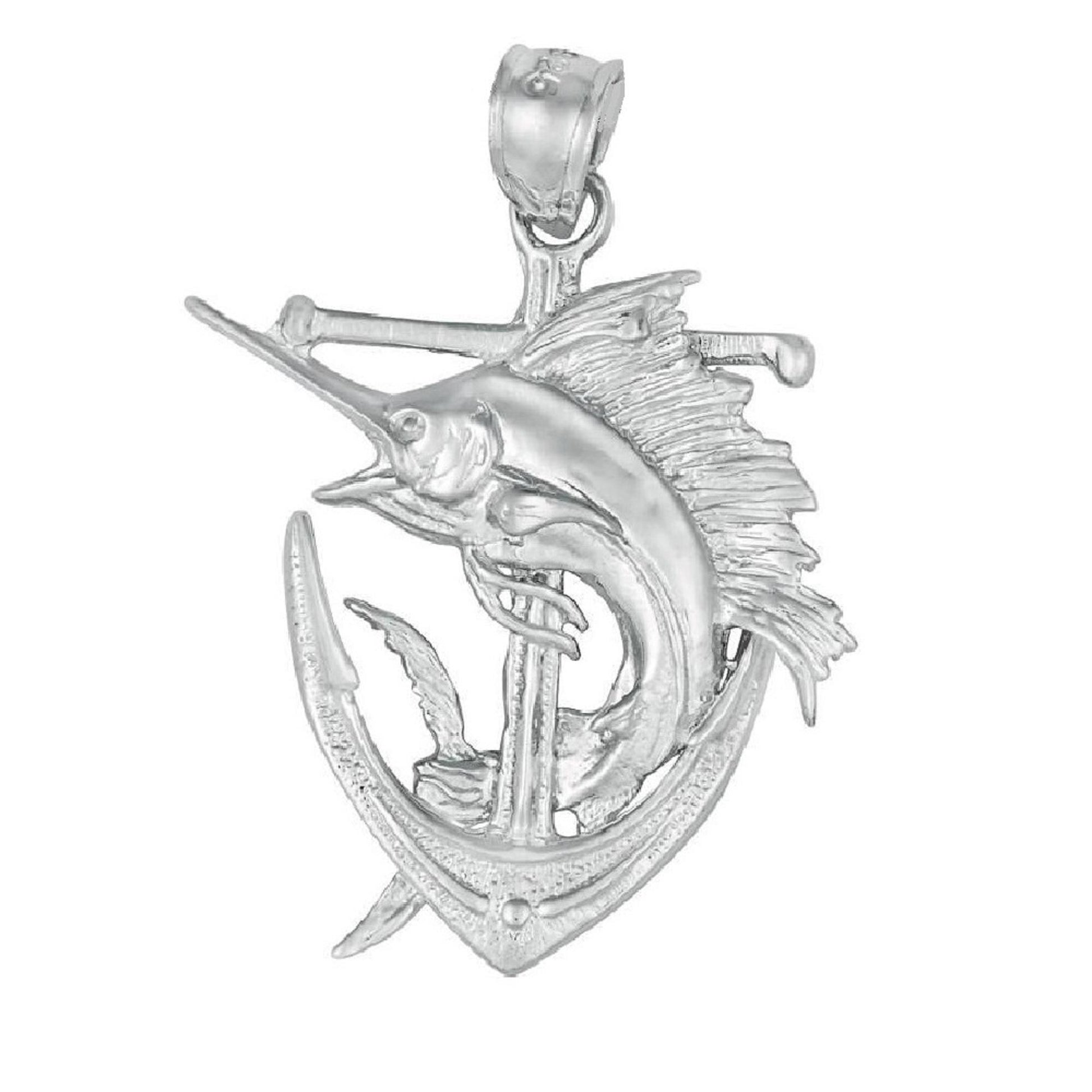925 Sterling Silver Necklace Anchor with Blue Marlin 3D (3 Dimensional) Solid Pendant