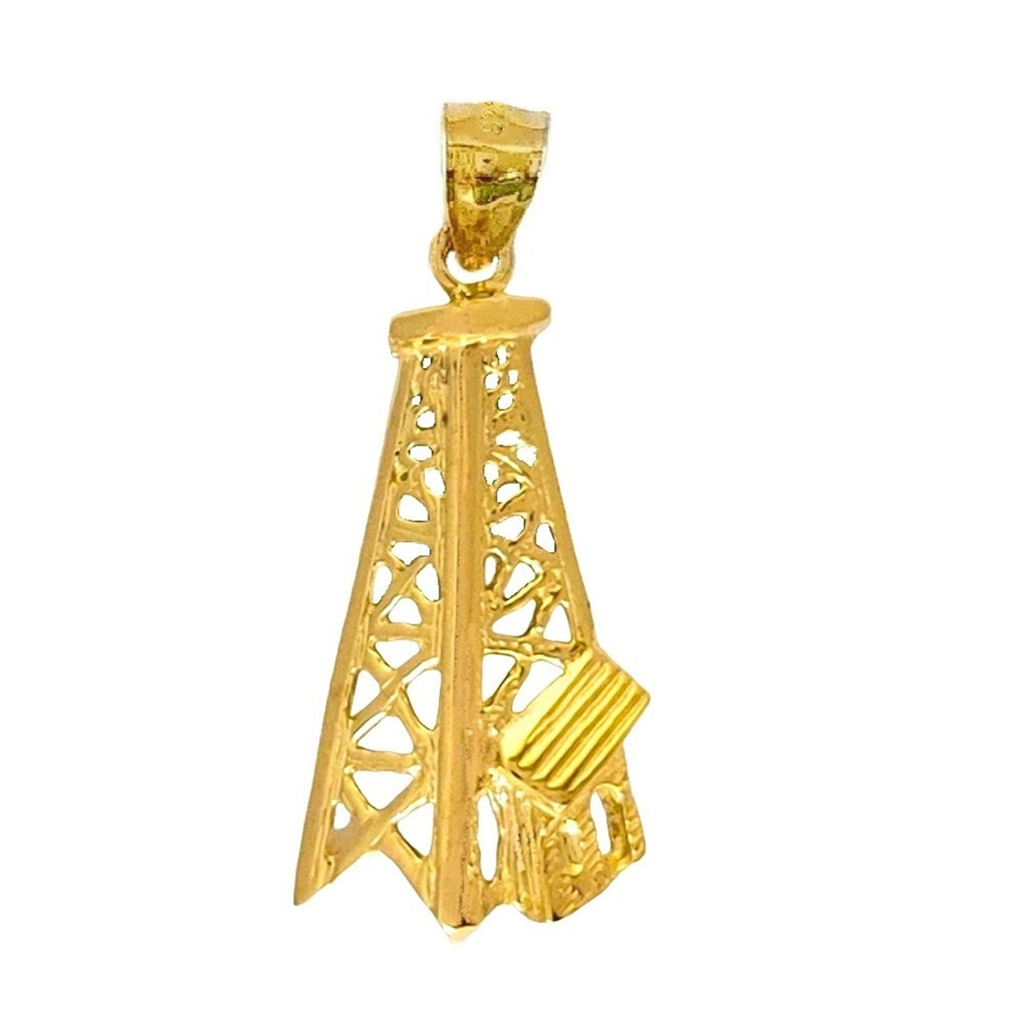 925 Sterling Silver Yellow Gold Plated Necklace w/ Oil Well, Oil Rig Pendant Charm