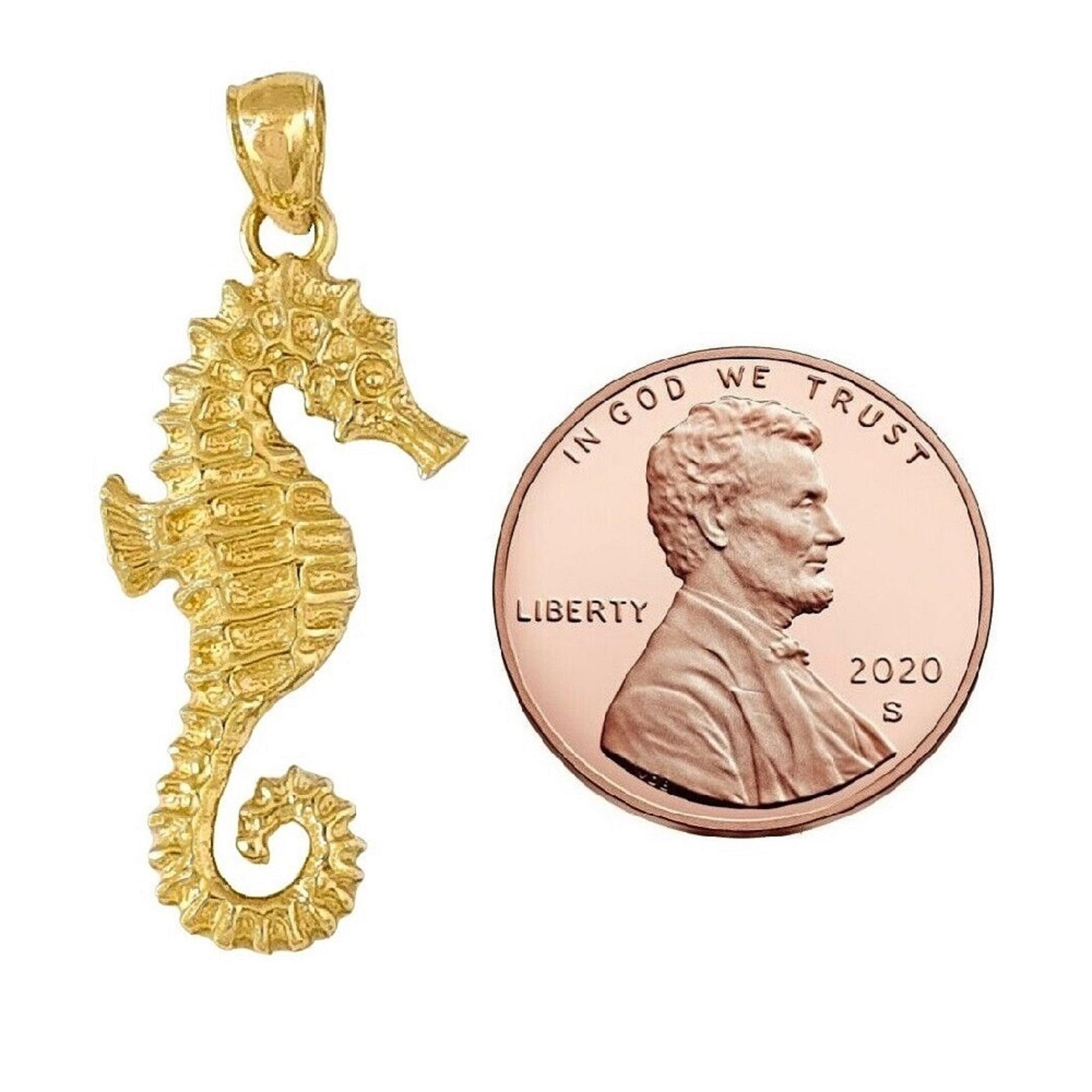 925 Sterling Silver Yellow Gold Plated 1mm Cable Chain Necklace w/ Seahorse Pendant Charm