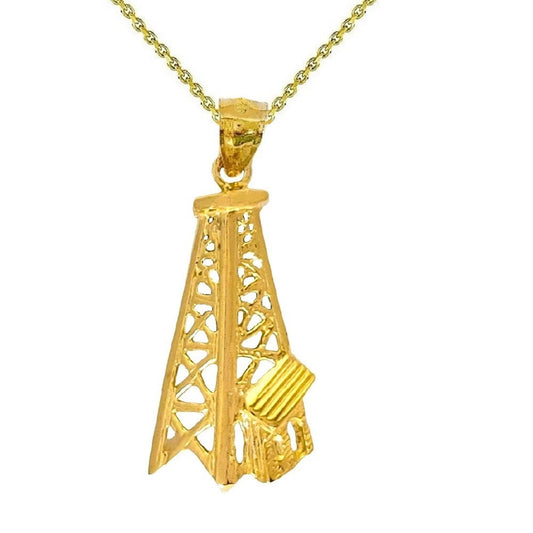 925 Sterling Silver Yellow Gold Plated Necklace w/ Oil Well, Oil Rig Pendant Charm