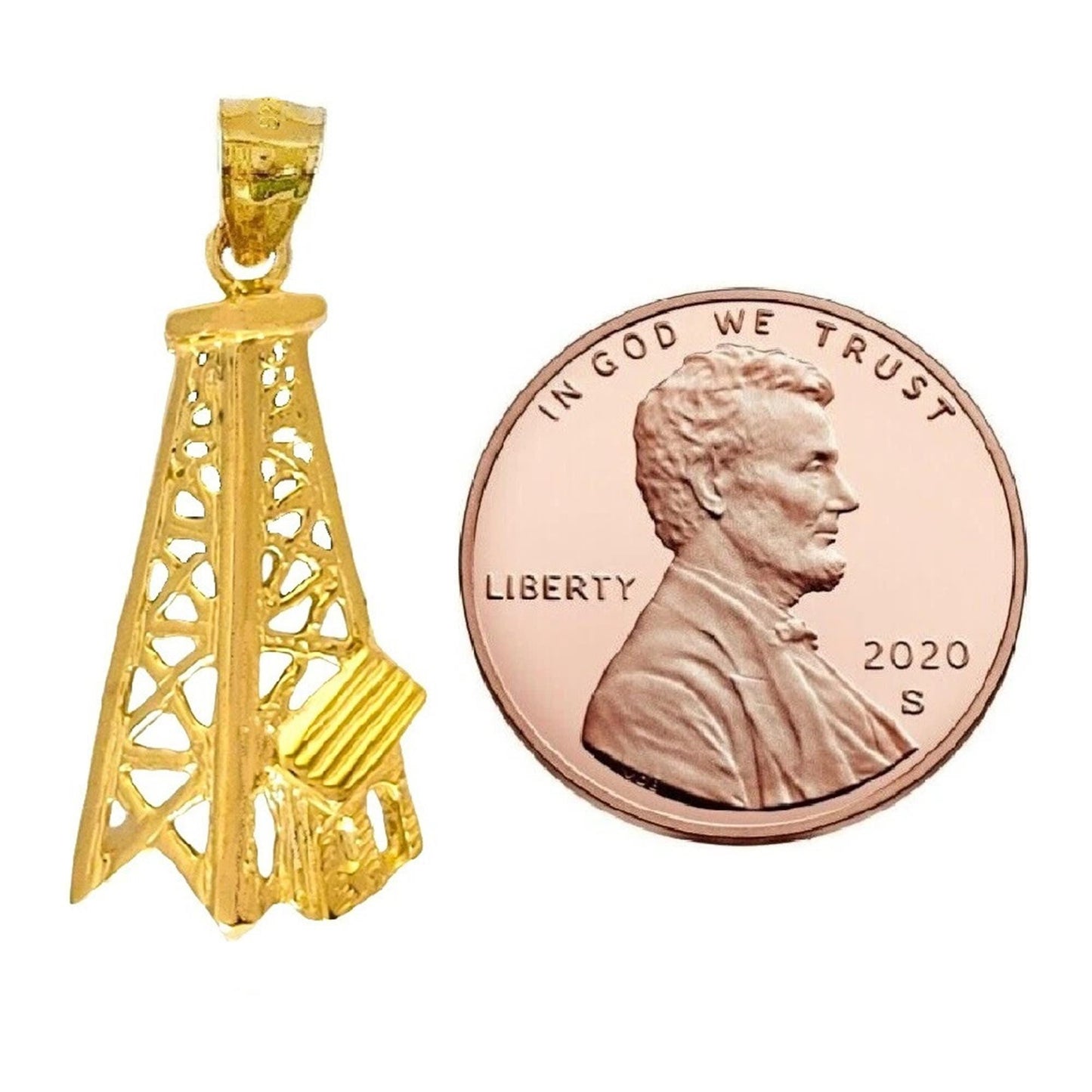 925 Sterling Silver Yellow Gold Plated Necklace w/ Oil Well, Oil Rig Pendant Charm