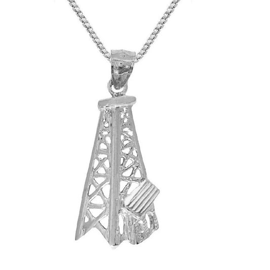 925 Sterling Silver Necklace w/ Oil Well, Oil Rig Pendant Charm