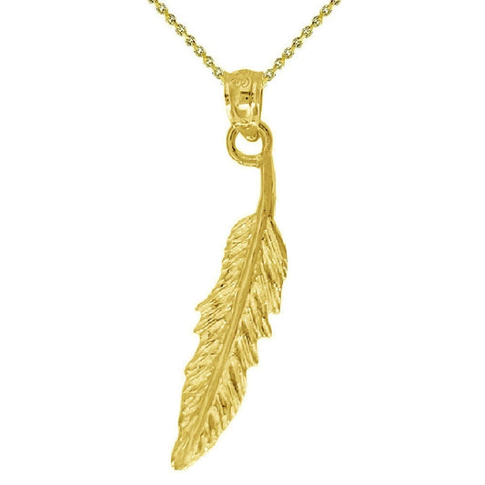 925 Sterling Silver Yellow Gold Plated Necklace w/ Feather Pendant