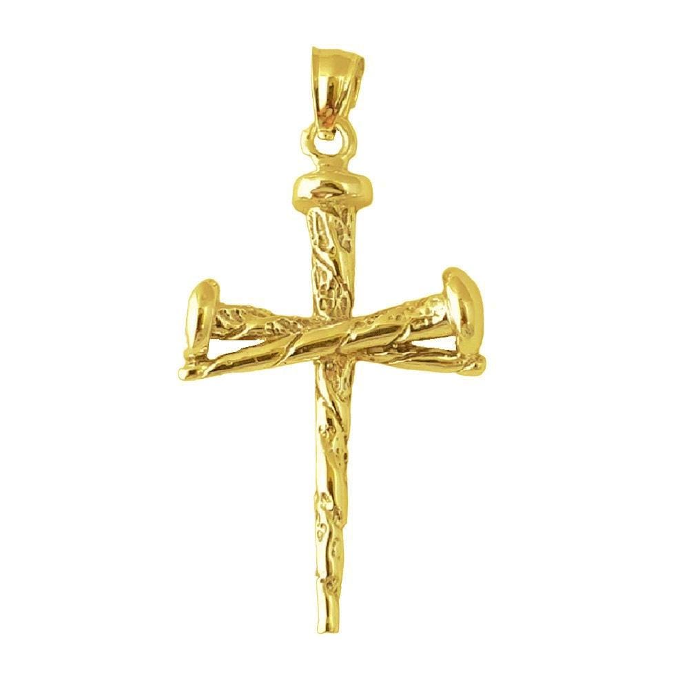 925 Sterling Silver Yellow Gold Plated Necklace w/ Nail Cross Crucifixion of Jesus 3D (3 Dimensional) Solid Pendant