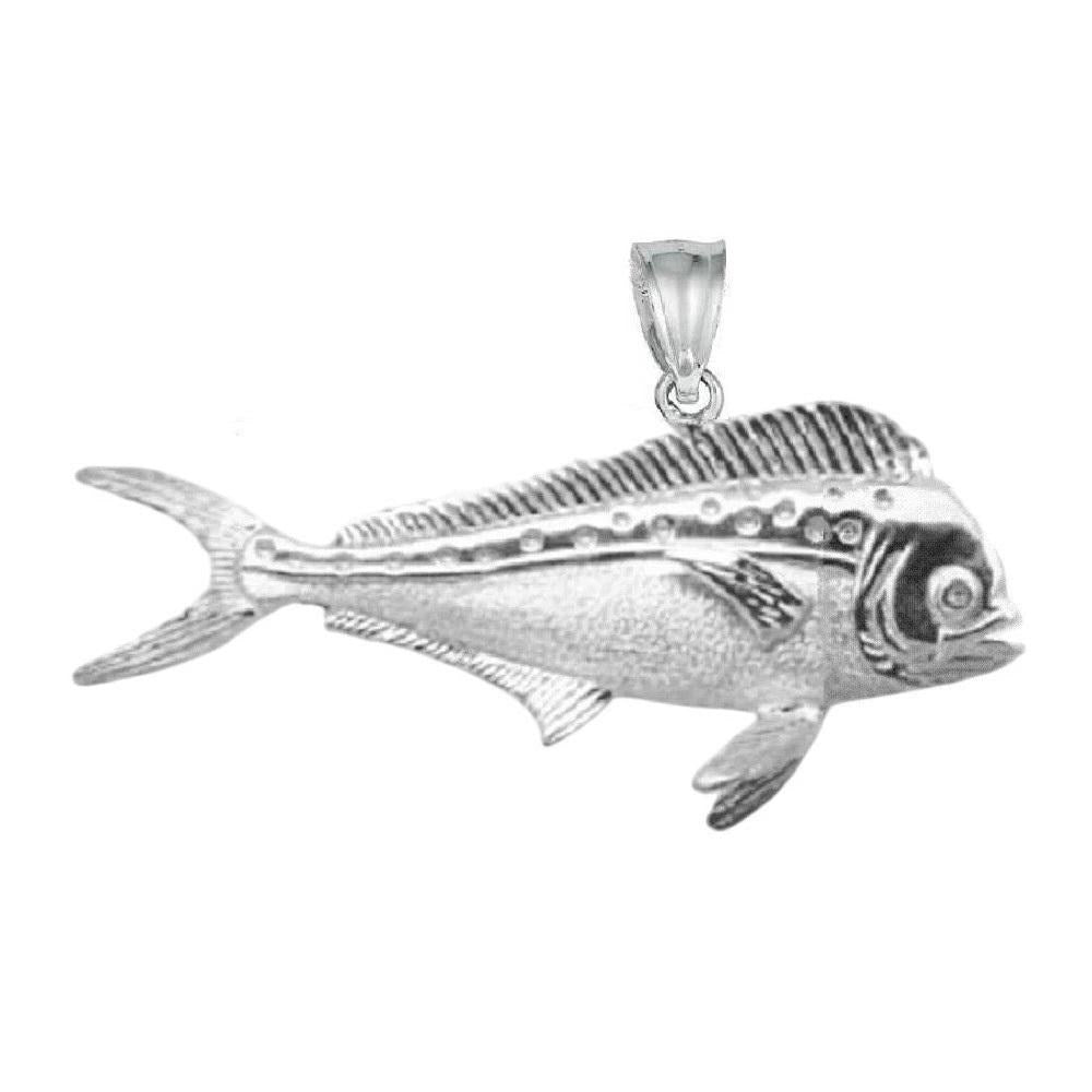 925 Sterling Silver Necklace w/ Mahi Mahi Fish 3D (3 Dimensional) Solid Pendant
