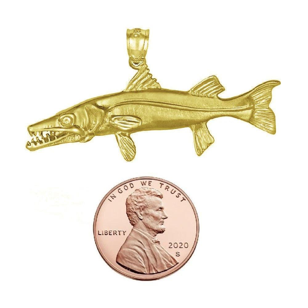 925 Sterling Silver Yellow Gold Plated Necklace w/ Barracuda Fish 3D (3 Dimensional) Solid Pendant