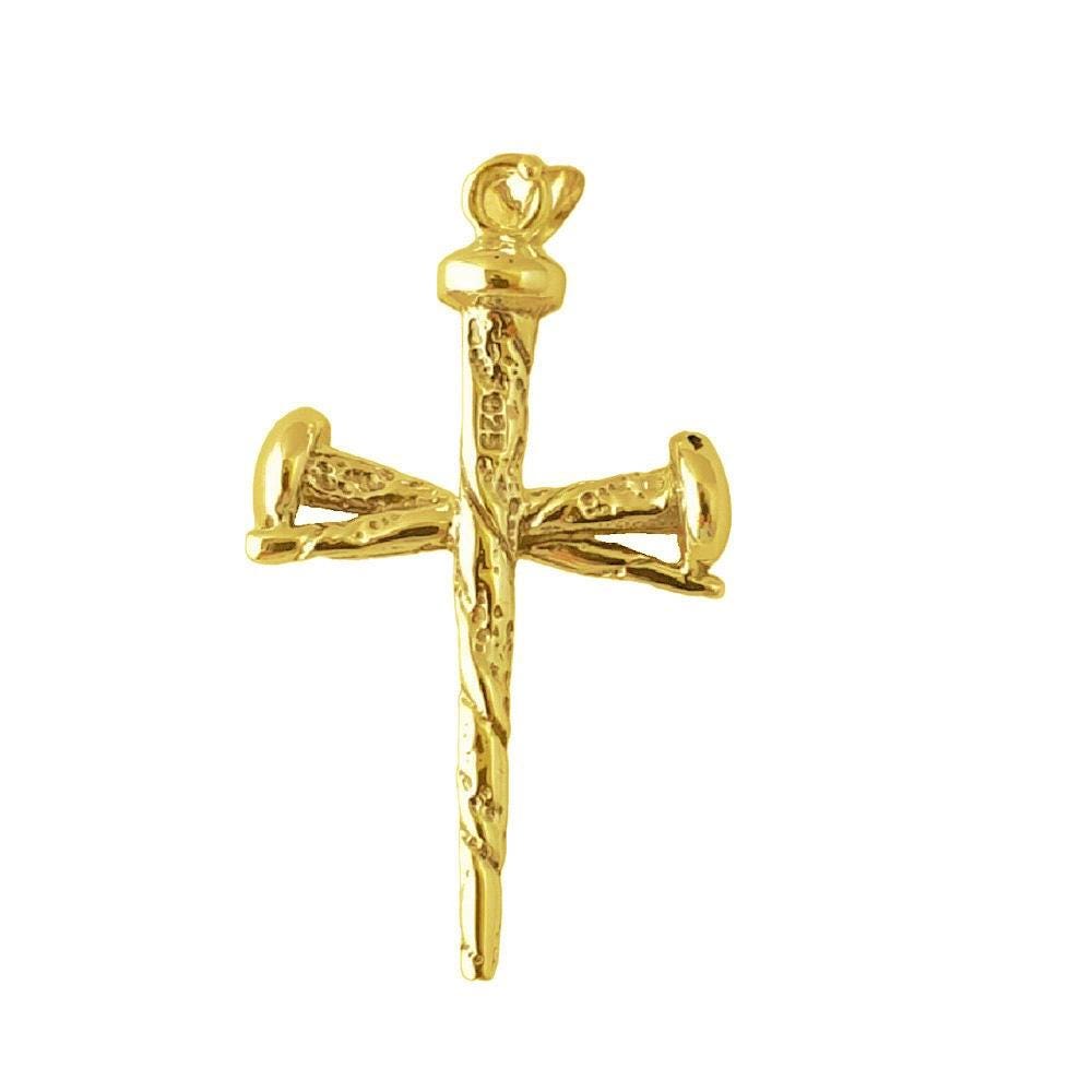 925 Sterling Silver Yellow Gold Plated Necklace w/ Nail Cross Crucifixion of Jesus 3D (3 Dimensional) Solid Pendant