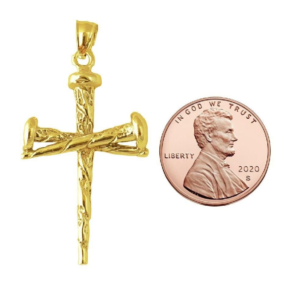 925 Sterling Silver Yellow Gold Plated Necklace w/ Nail Cross Crucifixion of Jesus 3D (3 Dimensional) Solid Pendant