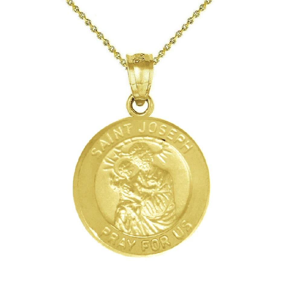 925 Sterling Silver Yellow Gold Plated 1mm Cable Chain Necklace w/ Saint Joseph Pray For Us Pendant Charm
