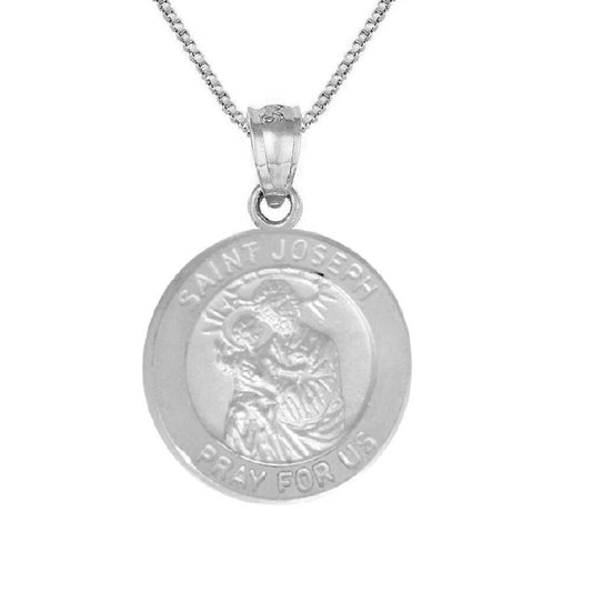 925 Sterling Silver Necklace w/ Saint Joseph Pray For Us Round-Shaped Pendant Charm