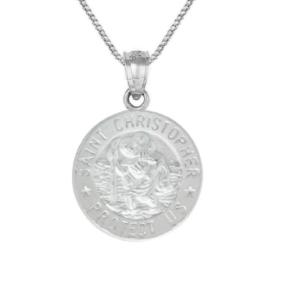 925 Sterling Silver Necklace w/ Saint Christopher Protect Us Round-Shaped Pendant Charm