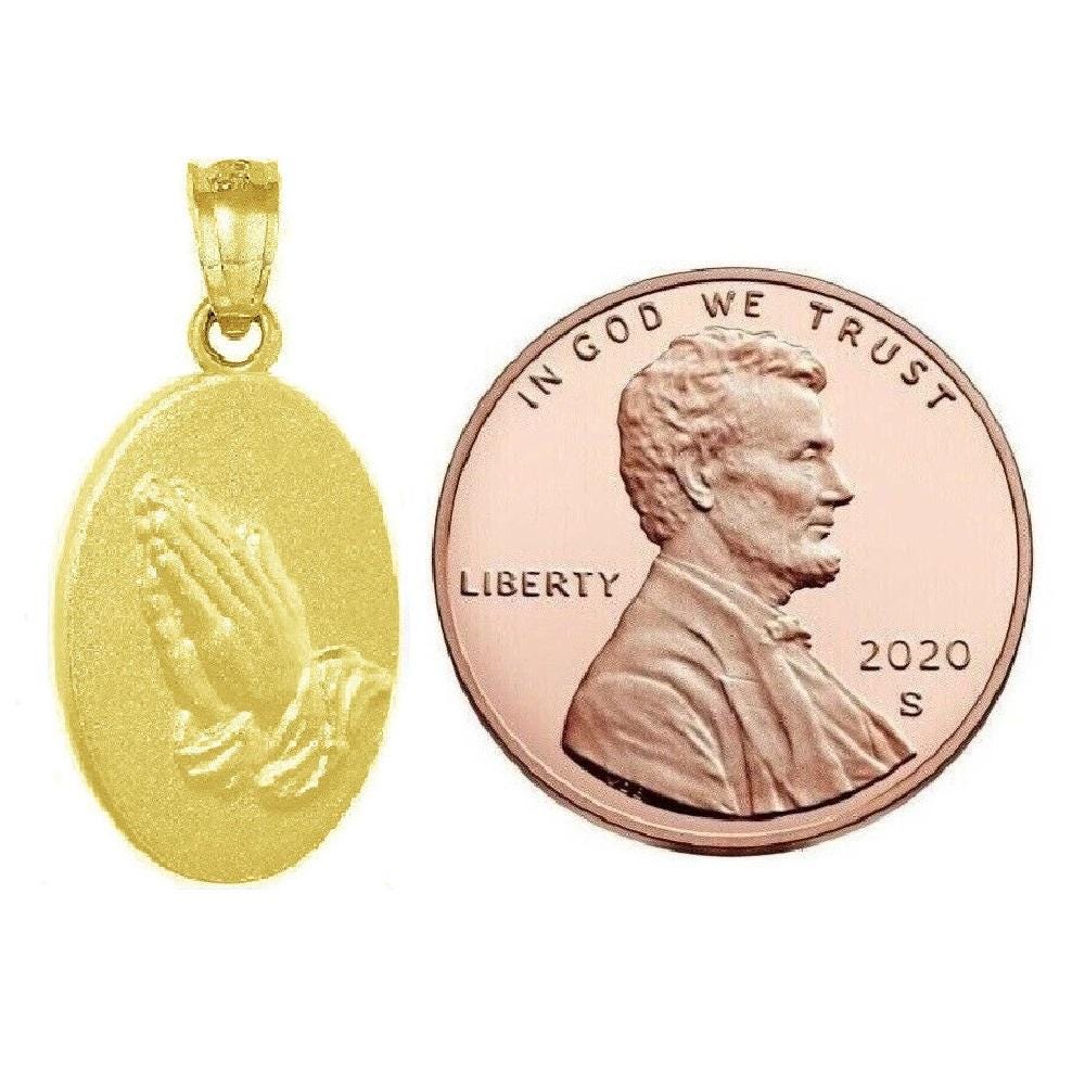 925 Sterling Silver Yellow Gold Plated 1mm Cable Chain Necklace w/ Praying Hands Pendant Charm