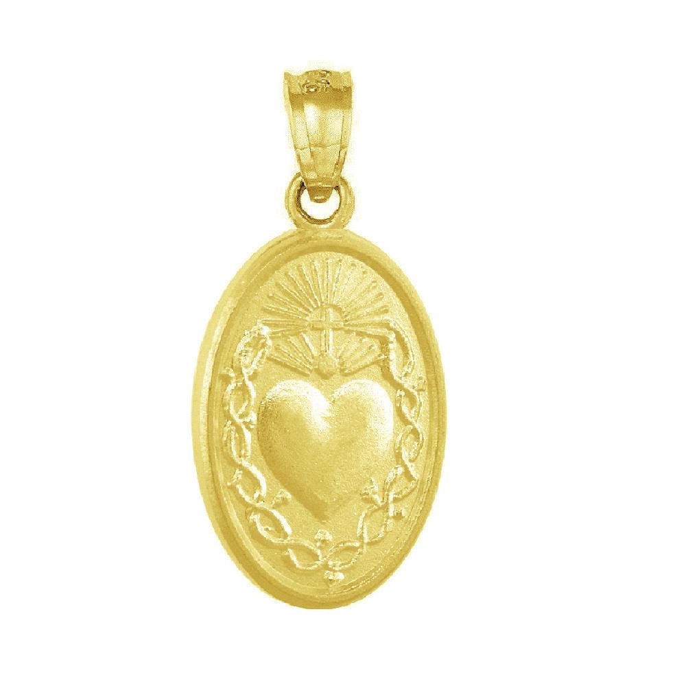 925 Sterling Silver Yellow Gold Plated 1mm Cable Chain Necklace w/ Sacred Heart of Jesus Pendant Charm