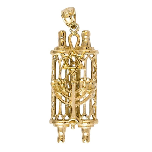 14K Yellow Gold Jewish Mezuzah Torah Scroll with Star of David & Menorah Pendant