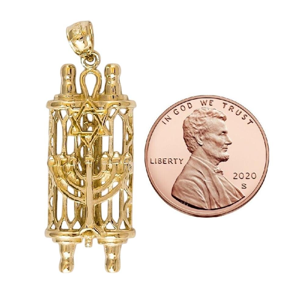 14K Yellow Gold Jewish Mezuzah Torah Scroll with Star of David & Menorah Pendant
