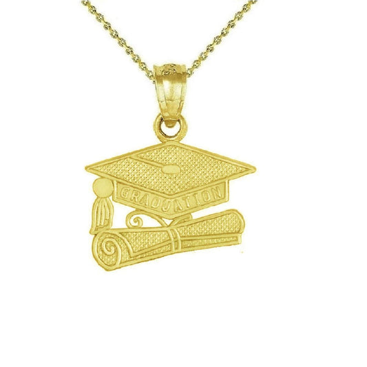 925 Sterling Silver Yellow Gold Plated 1mm Cable Chain Necklace w/ Graduation Cap Diploma Pendant