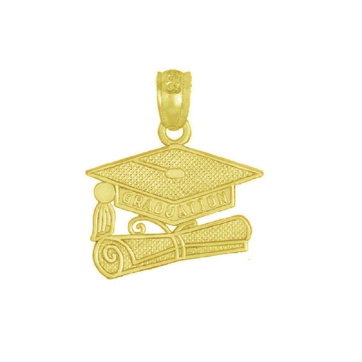 925 Sterling Silver Yellow Gold Plated 1mm Cable Chain Necklace w/ Graduation Cap Diploma Pendant