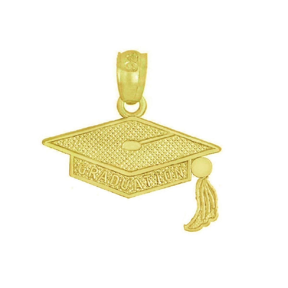 925 Sterling Silver Yellow Gold Plated 1mm Cable Chain Necklace w/ Graduation Cap Pendant Charm