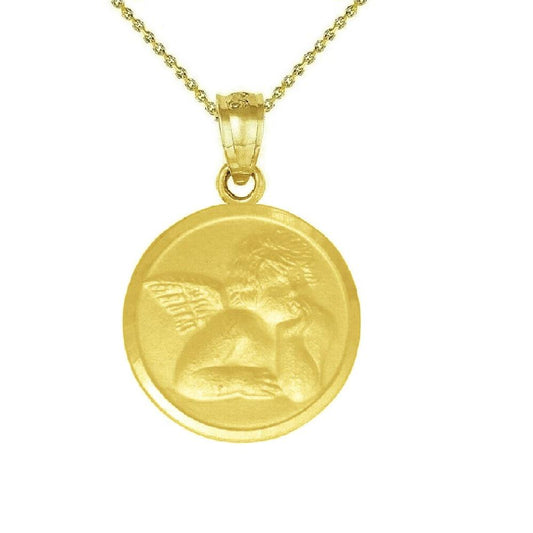 925 Sterling Silver Yellow Gold Plated 1mm Cable Chain Necklace w/ Guardian Angel Pendant Charm