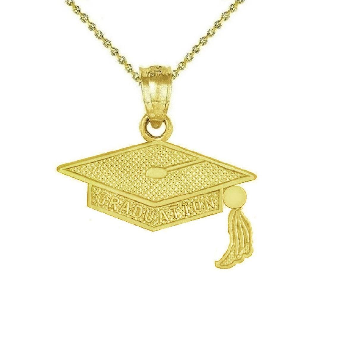 925 Sterling Silver Yellow Gold Plated 1mm Cable Chain Necklace w/ Graduation Cap Pendant Charm