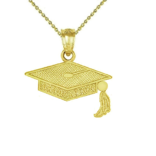 925 Sterling Silver Yellow Gold Plated 1mm Cable Chain Necklace w/ Graduation Cap Pendant Charm