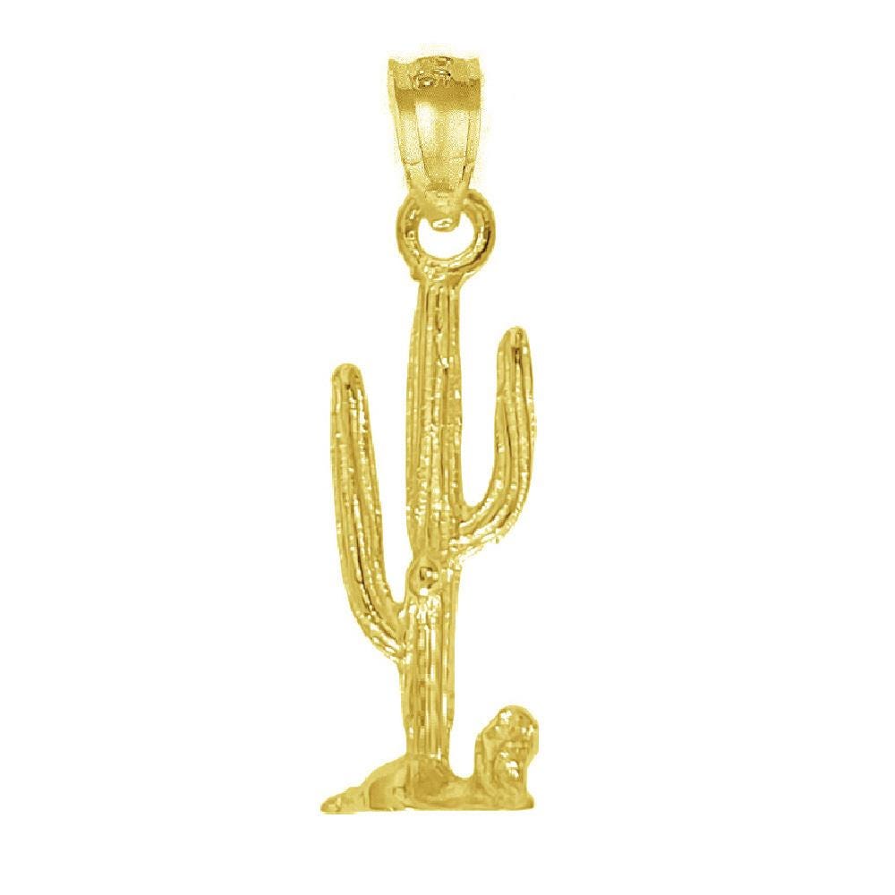 925 Sterling Silver Yellow Gold Plated Necklace w/ Cactus 3D Solid Pendant