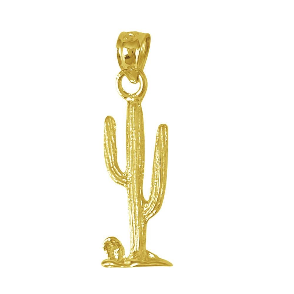 925 Sterling Silver Yellow Gold Plated Necklace w/ Cactus 3D Solid Pendant
