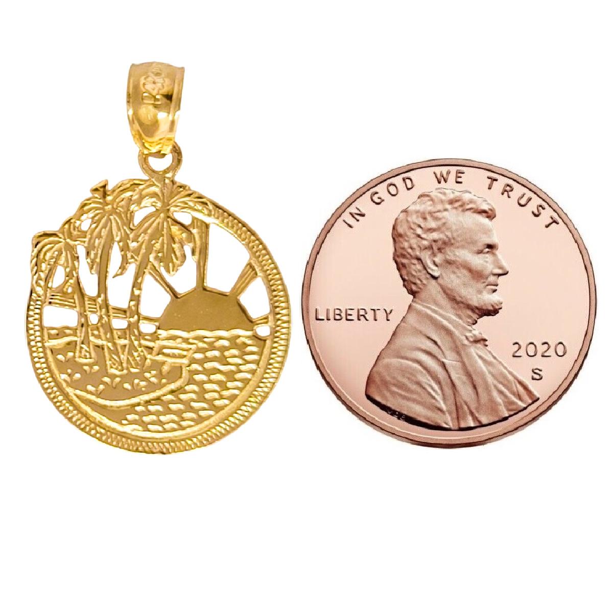 14K Yellow Gold Beach Scene Palm Tree Pendant