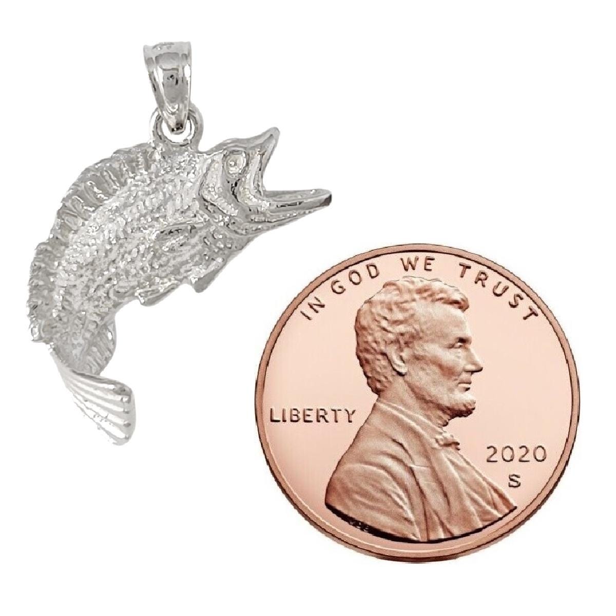 925 Sterling Silver Necklace w/ Bass Fish 3D Solid Pendant