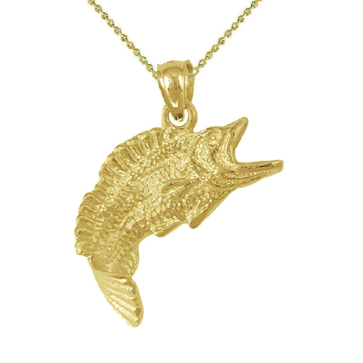 925 Sterling Silver Yellow Gold Plated Necklace w/ Bass Fish 3D Solid Pendant