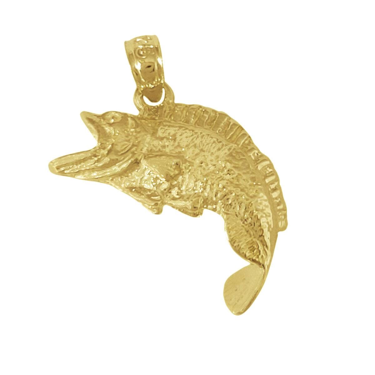 925 Sterling Silver Yellow Gold Plated Necklace w/ Bass Fish 3D Solid Pendant