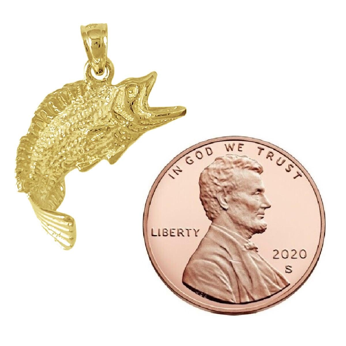 925 Sterling Silver Yellow Gold Plated Necklace w/ Bass Fish 3D Solid Pendant