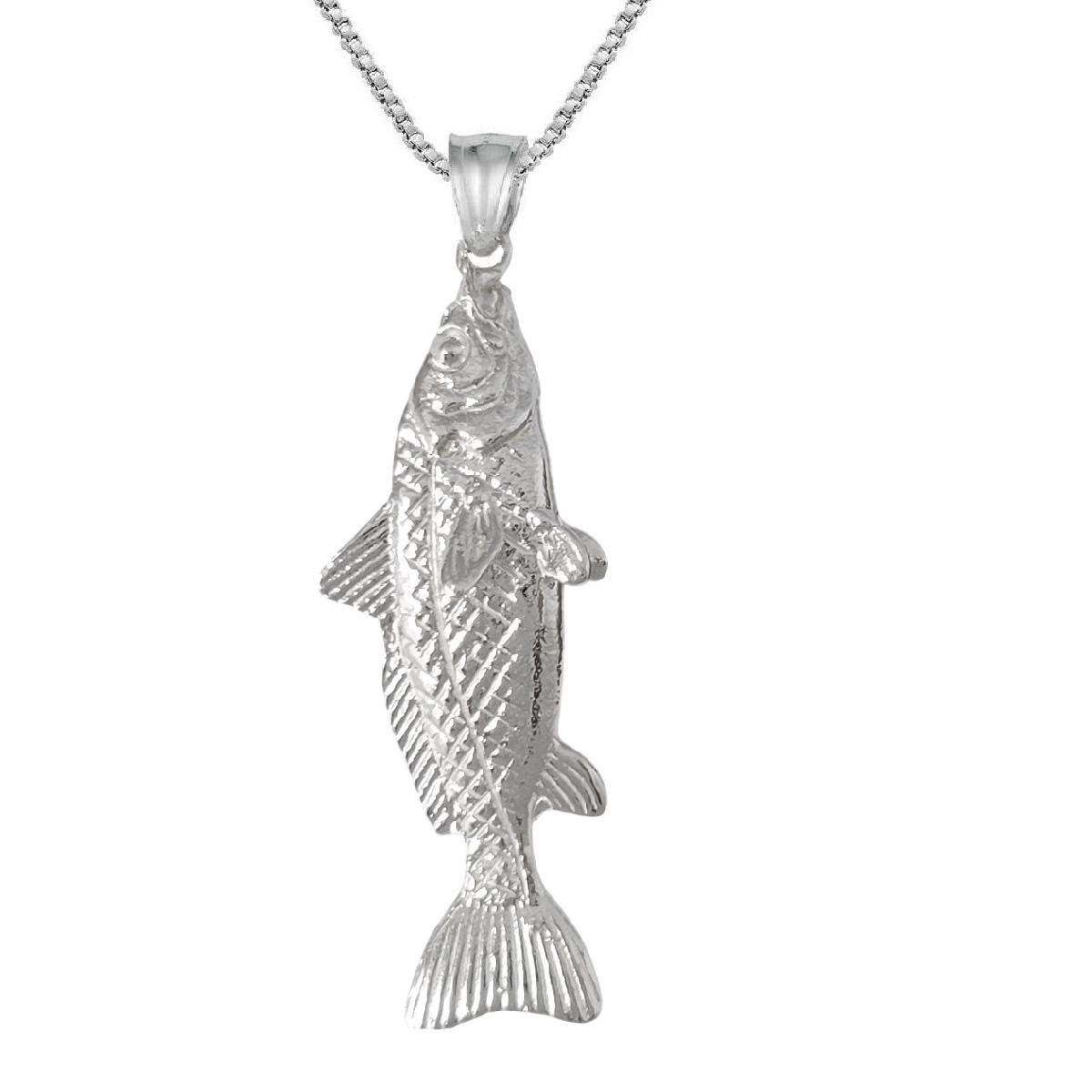 925 Sterling Silver Necklace w/ Salmon Fish 3D Solid Pendant