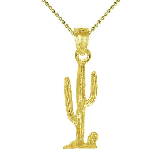 925 Sterling Silver Yellow Gold Plated Necklace w/ Cactus 3D Solid Pendant