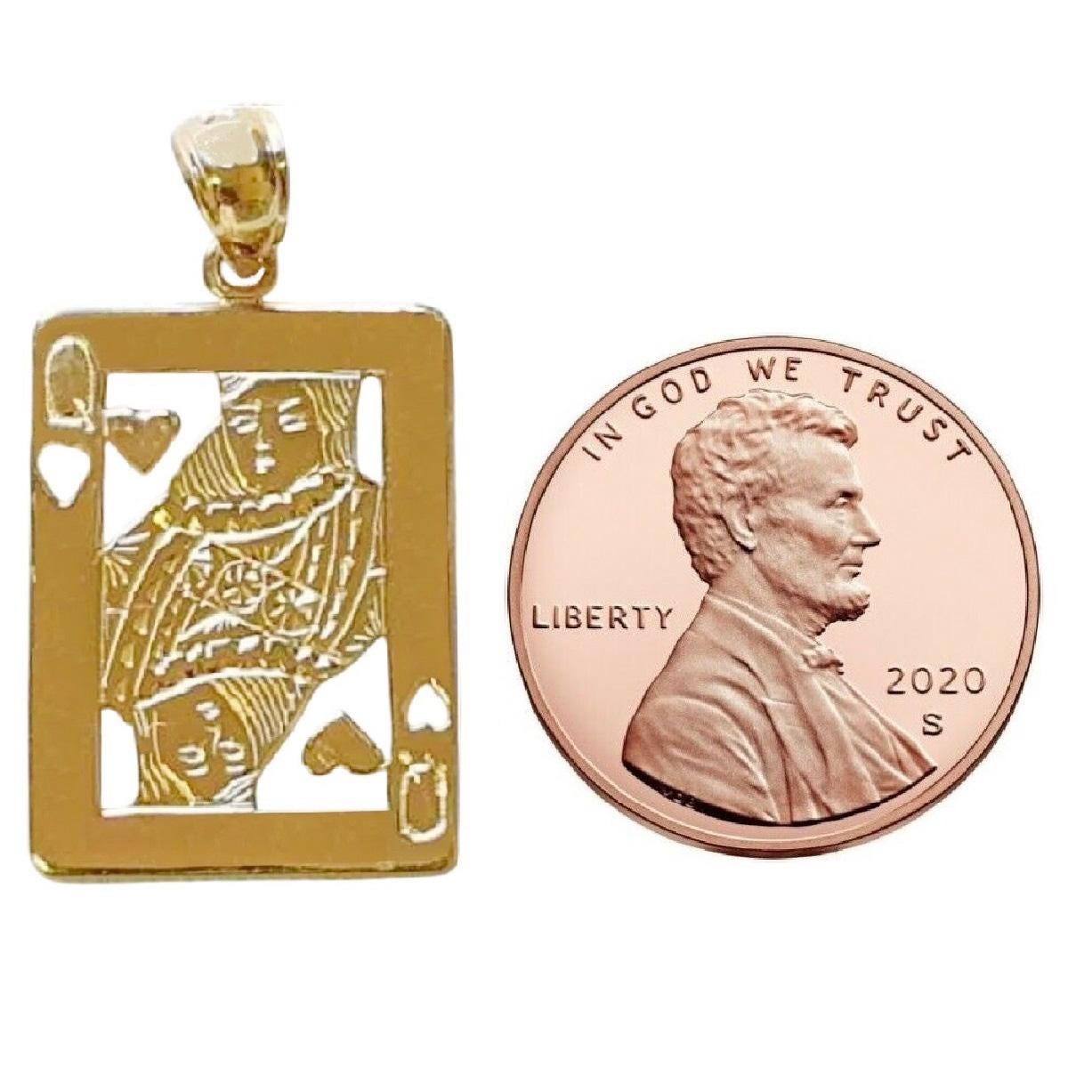 14K Yellow Gold Queen of Hearts Playing Card Pendant