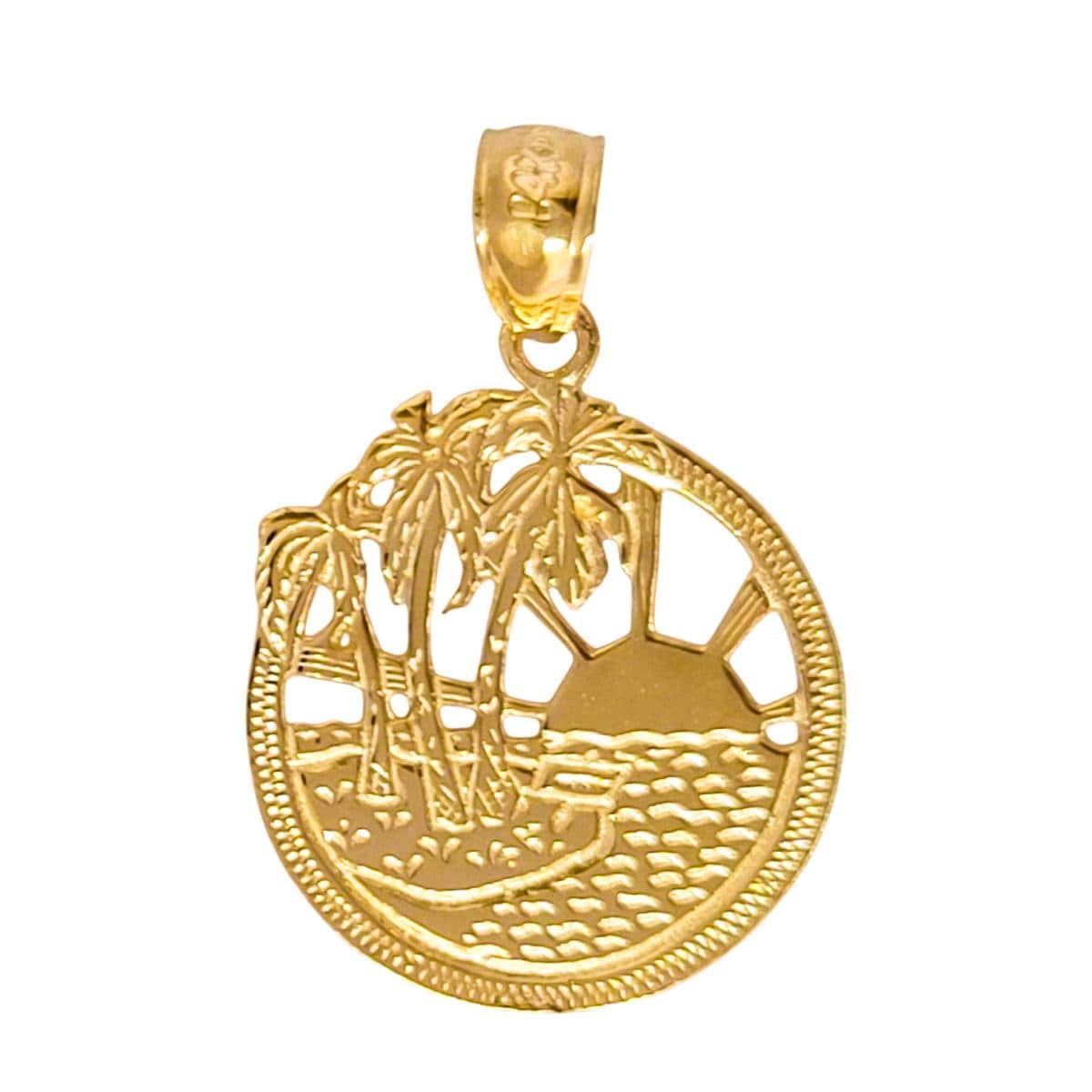 14K Yellow Gold Beach Scene Palm Tree Pendant