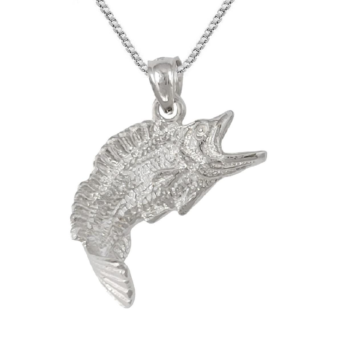 925 Sterling Silver Necklace w/ Bass Fish 3D Solid Pendant