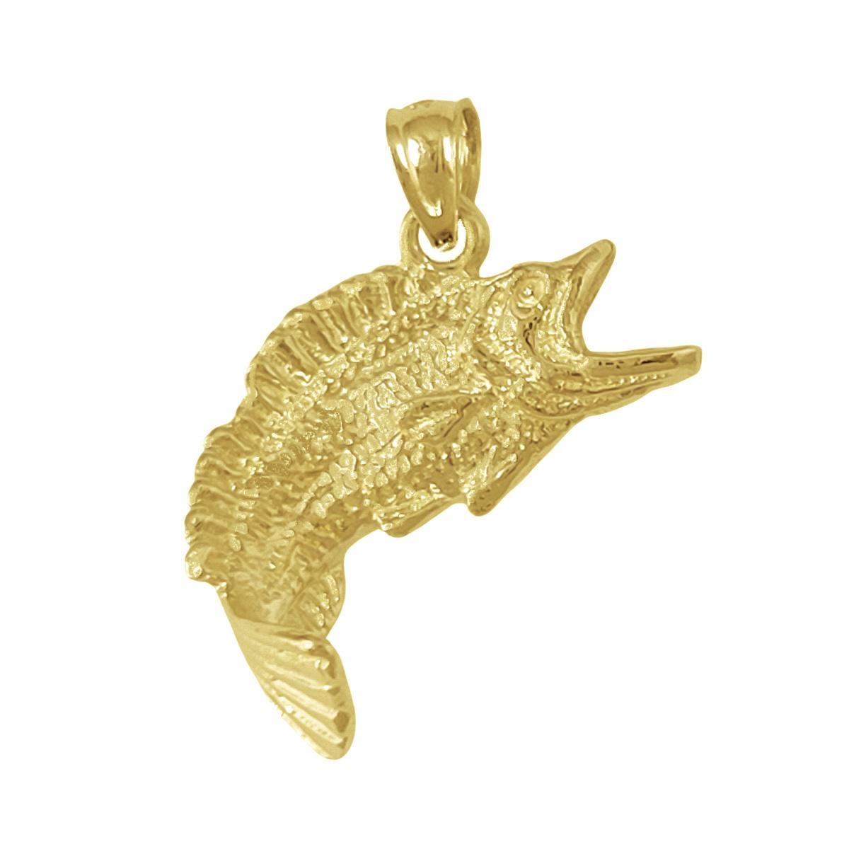 925 Sterling Silver Yellow Gold Plated Necklace w/ Bass Fish 3D Solid Pendant