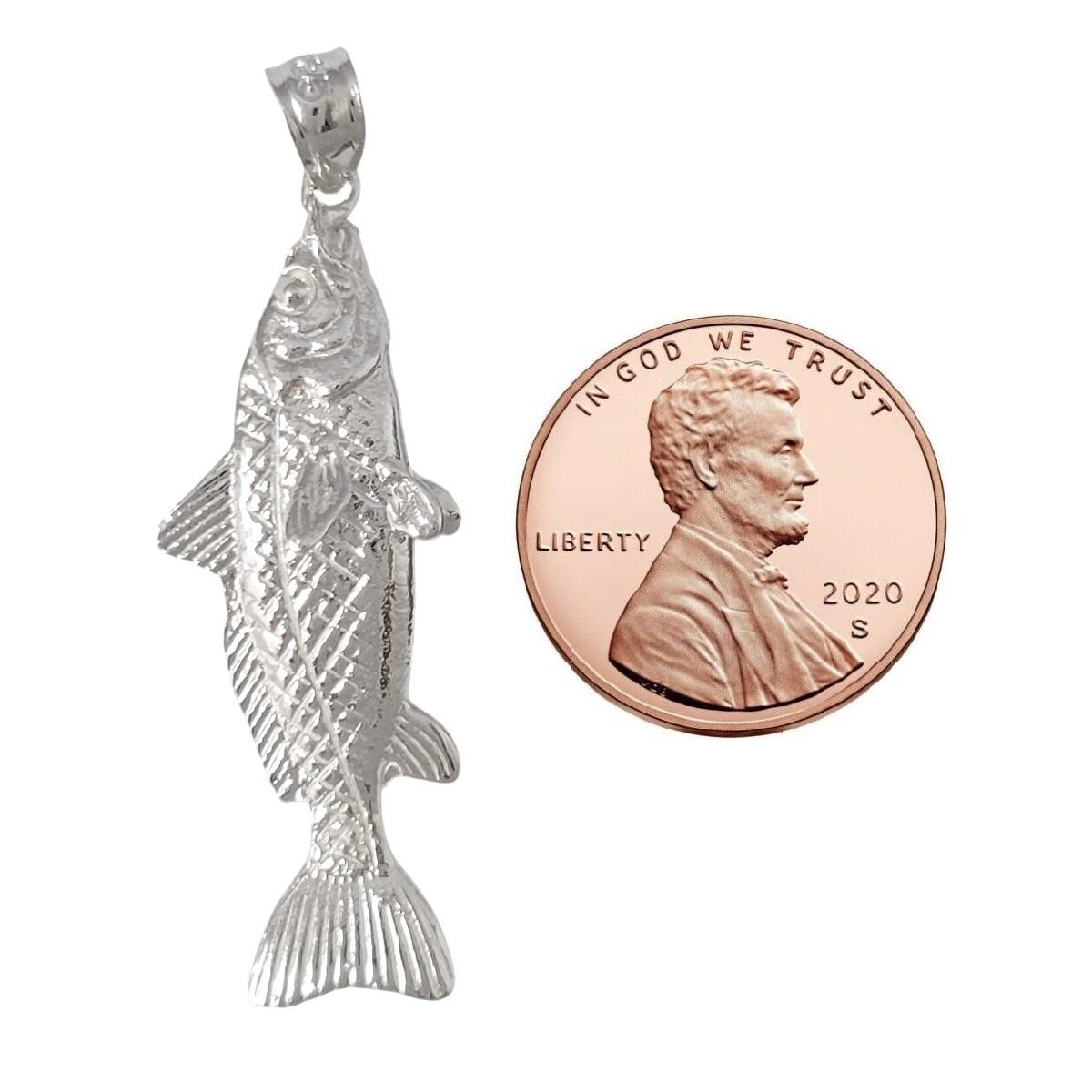 925 Sterling Silver Necklace w/ Salmon Fish 3D Solid Pendant