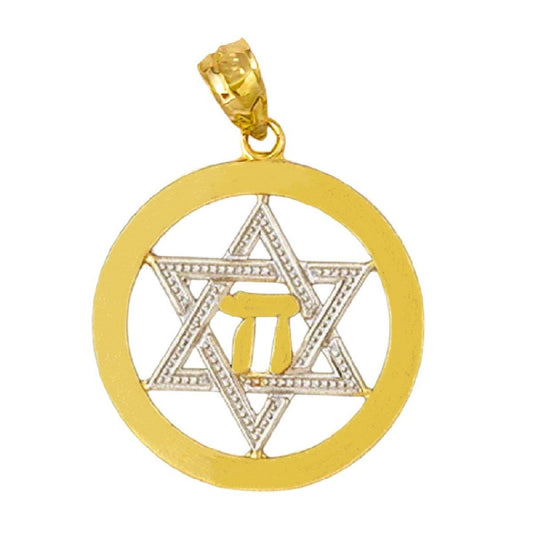 14K Yellow Gold 2-Tone Star of David with Chai Pendant