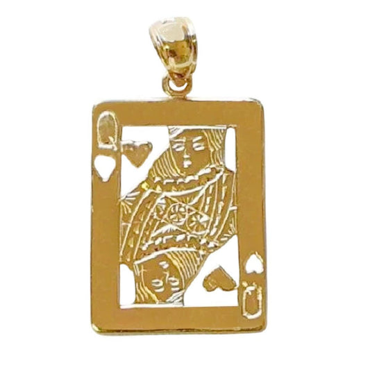 14K Yellow Gold Queen of Hearts Playing Card Pendant